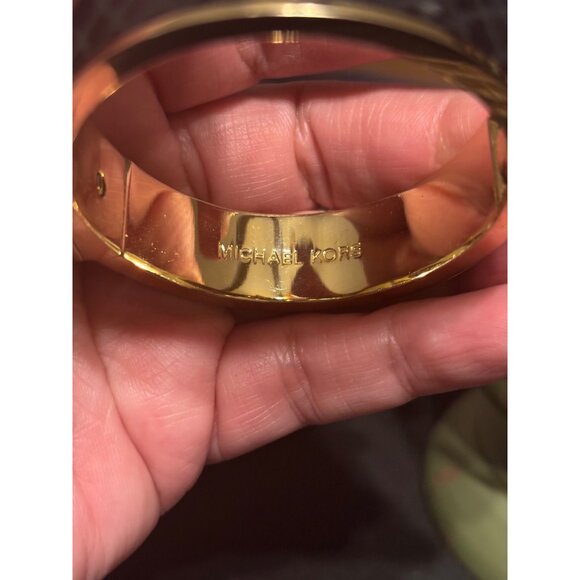Michael Kors Python Embossed Leather Hinged Bangle Bracelet Golden Cuff - Picture 7 of 13
